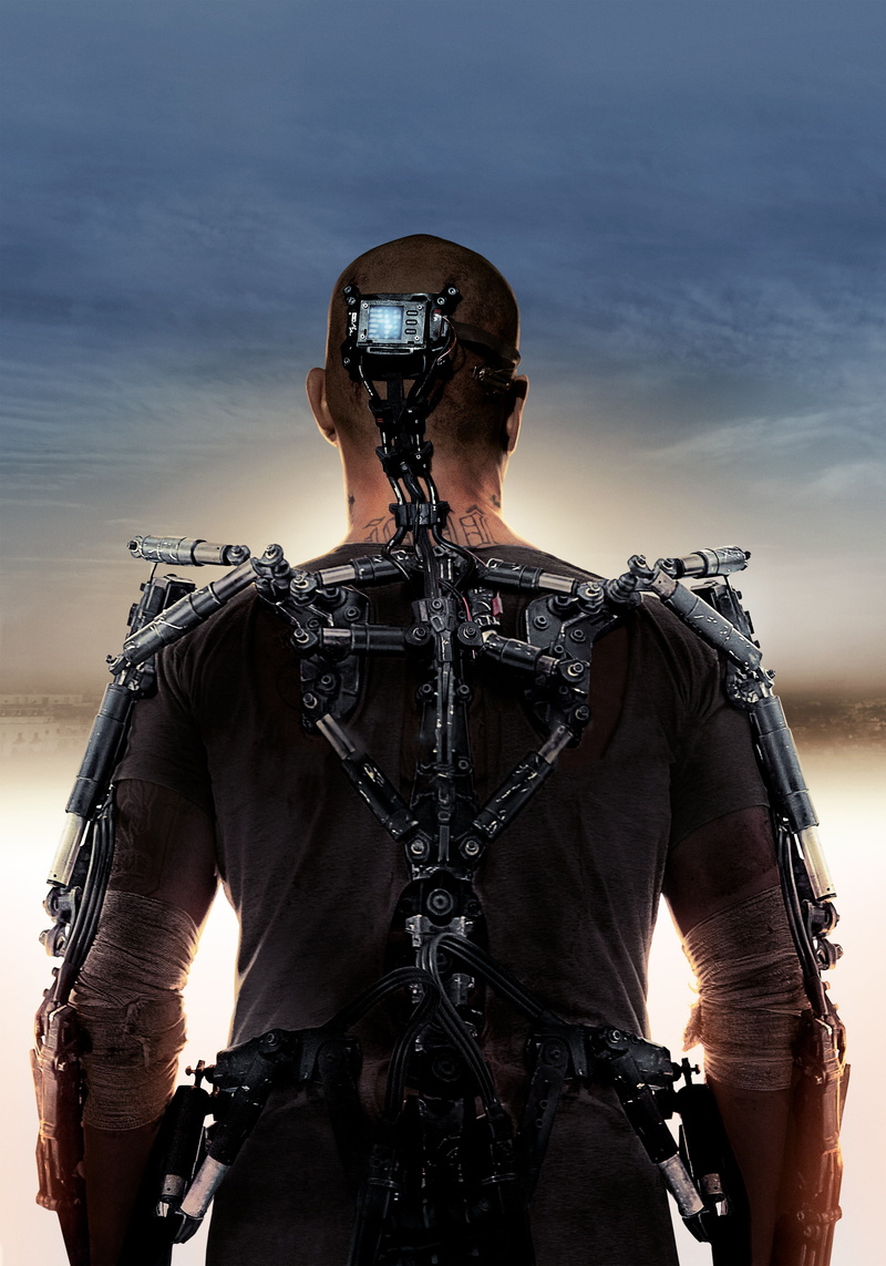 Elysium, clothing, government, safety, adult, character, nature, leather, technology, sport, sky, strength, Matt Damon, helmet, headwear, weapon
