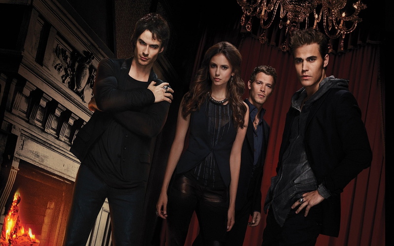 2K, Paul Wesley, the vampire diaries, Nina Dobrev, fantasy, black, girl, man, Ian Somerhalder, actor, red, Joseph Morgan, tv series, The Vampire Diaries