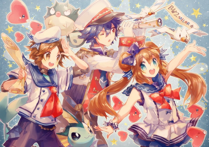 Brown Hair, Uniform, Telescope, Vaporeon (Pokémon), Short Hair, Pokémon, Wingull (Pokémon), Qwilfish (Pokémon), Blue Eyes, Luvdisc (Pokémon), Red Eyes