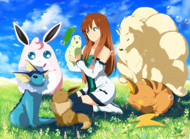 Chikorita (Pokémon), Vaporeon (Pokémon), human representation, Pokémon, grass, multi colored, toy, representation, sky, plant, nature, art and craft, figurine