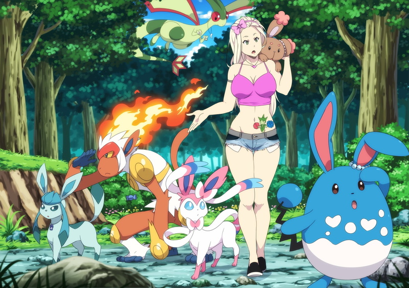 tagme, glaceon, infernape, blonde, roserade, hair, shorts, eyes, 720P, flygon, necklace, pokemon, buneary, green