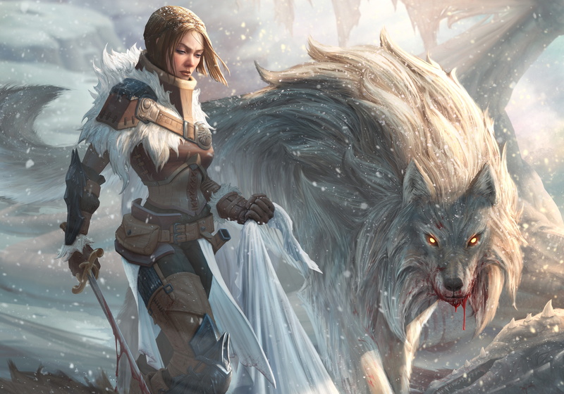 Women Warrior, Wolf, 5K, Sword, Snowfall, Woman Warrior, Blood, Fantasy