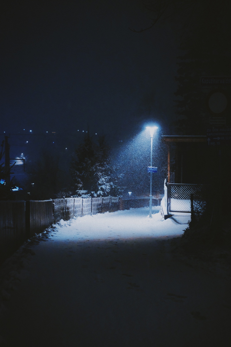 snowing, trees, street, land, snowfall, blue, building exterior, architecture, real people, winter, knight, illuminated, landscape, nature, dark, covering