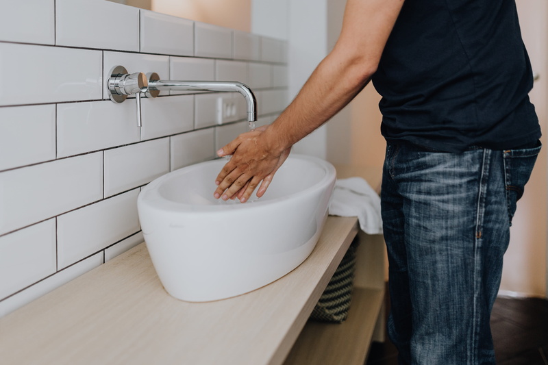 men, tap, bodycare, hands, clean, sink, cleanliness, standing, hygiene, housework, home, human hand, hand, one person, bathroom, human body part, washing