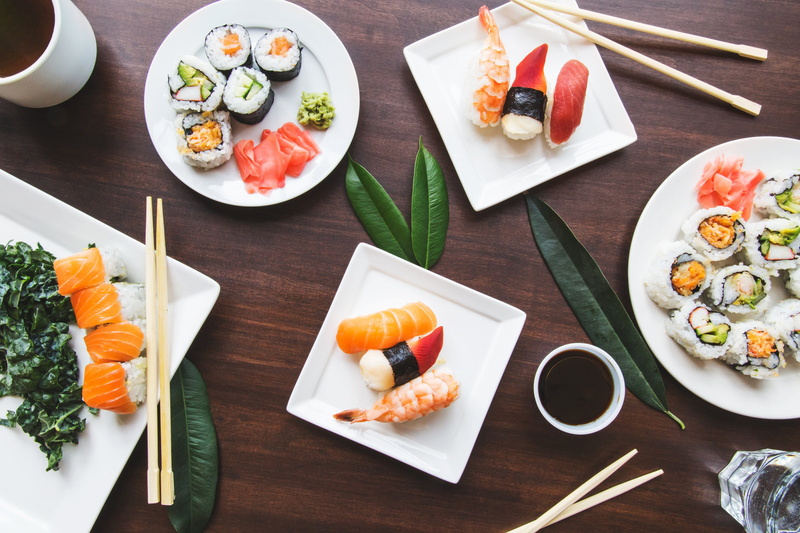 meal, healthy eating, directly above, salmon - seafood, 4K, Restaurant, asian food, no people, seafood, japanese food, photo, wellbeing, chopsticks, vegetable