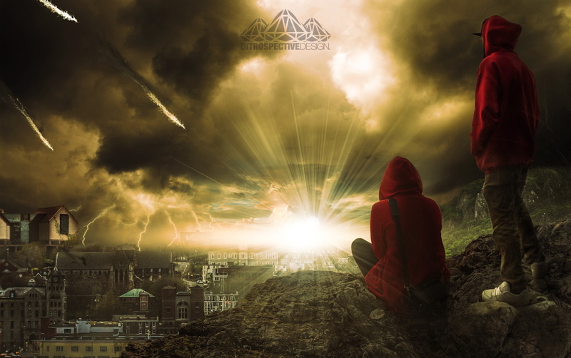 architecture, apocalyptic, lightning, sitting, cloud - sky, city, nature, outdoors, sky, man, building, land, standing, Photoshop, 1080P, adult, edited