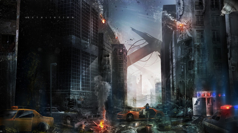 incidental people, architecture, illustration, building exterior, smoke, water, nature, 720P, smoke - physical structure, built structure, people, anime