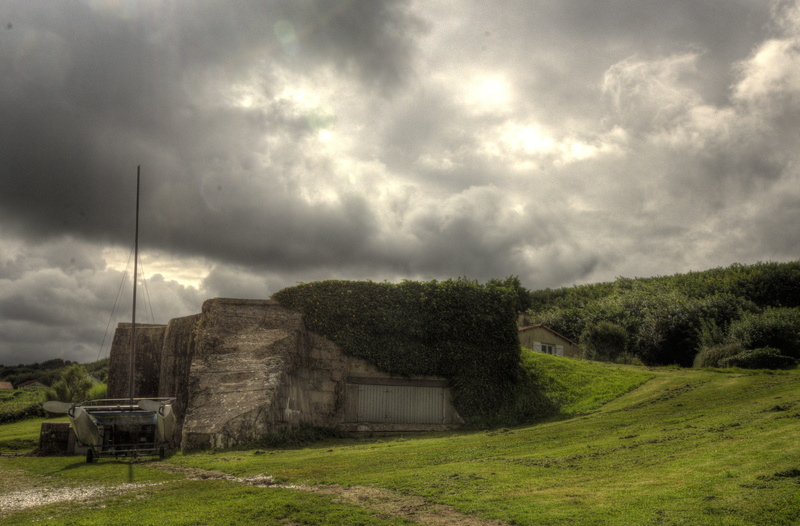 scenics, d-day, cloudscape, landscape, gray, defensive work, history, old, normandy, old Ruin, Blockhaus, fox green, grass, ominous, wwii, architecture And Buildings