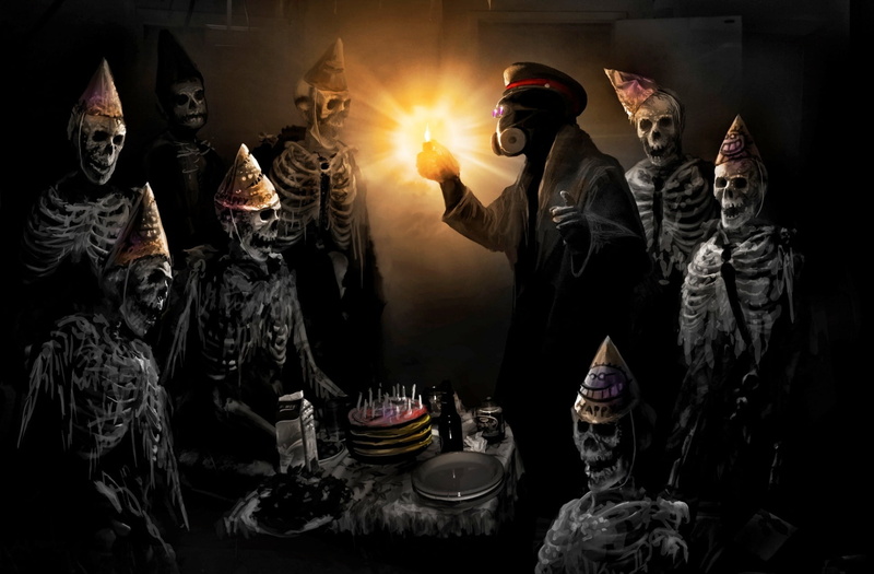 1080P, spooky, cake, romance of the Apocalypse, wearing, lamp, mask, fire - Natural Phenomenon, surrounded, art and craft, halloween, man, skeletons