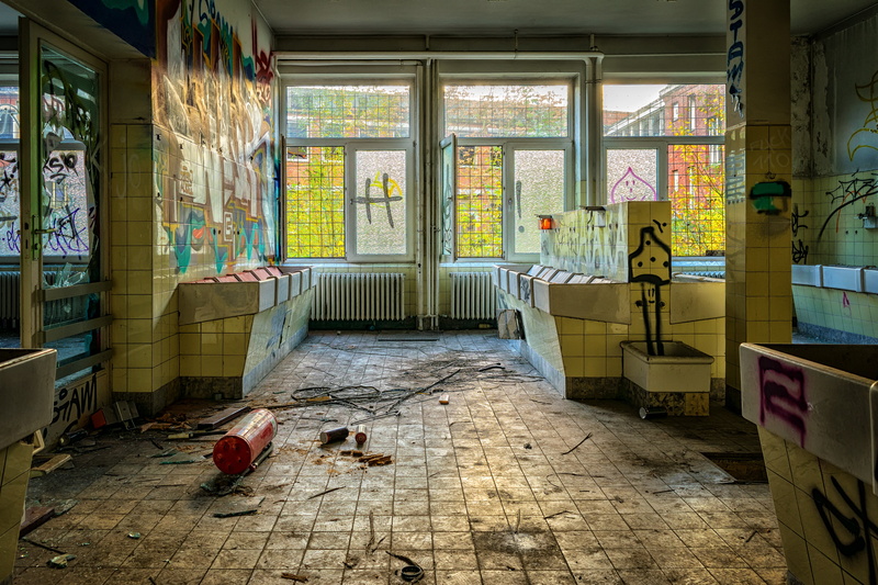 old, people, break up, pforphoto, entrance, washroom, indoors, tiles, neglected, industrial building, destroyed, sanitary, architecture, one man only, domestic animals