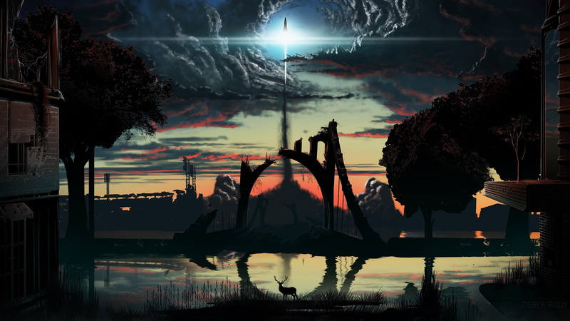 built structure, nature, city, sky, digital art, dark, reflection, one person, sunset, digital composite, silhouette, building, 1080P, deer