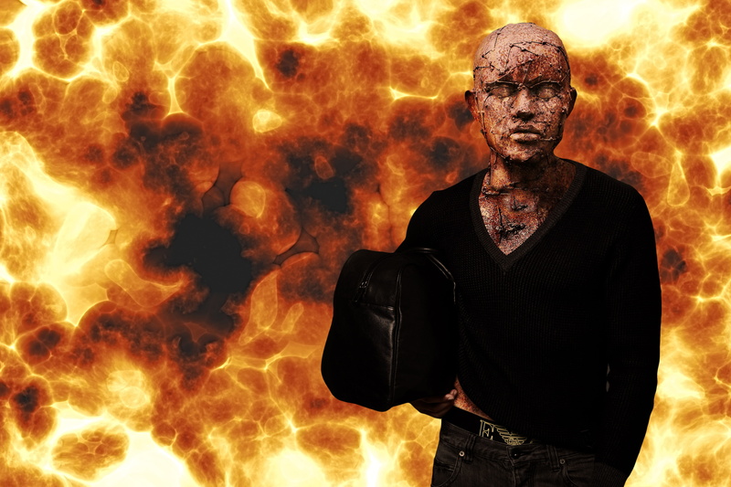 young men, night, force of nature, model, fireball, waist up, devastation, welds, armageddon, art, males, 5K, front view, head, apocalypse, scrap sculpture