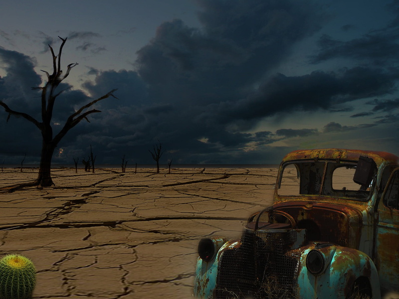 armageddon, collapse, field, end time, women, rear view, transportation, motor vehicle, mode of transportation, environment, vehicle, outdoors, land, sky