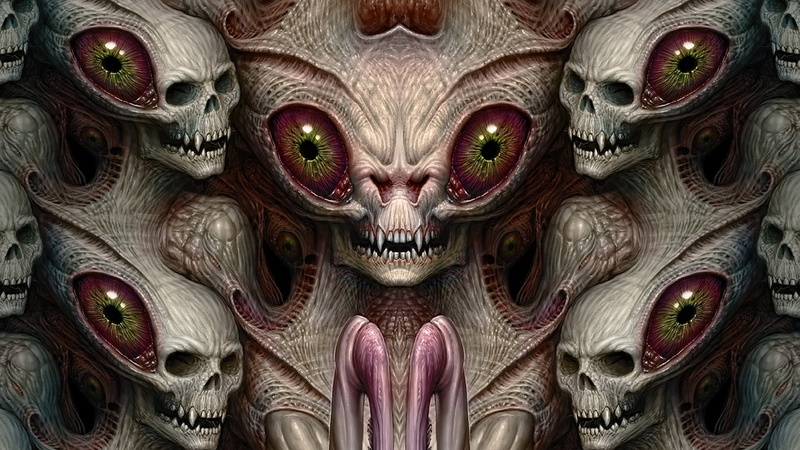science, creepy, halloween, eyes, artistic, almanegra deviantart com, scary, macabre, art, fiction, spooky, alien, 1080P, dark, sadaba, evil, fangs, skulls