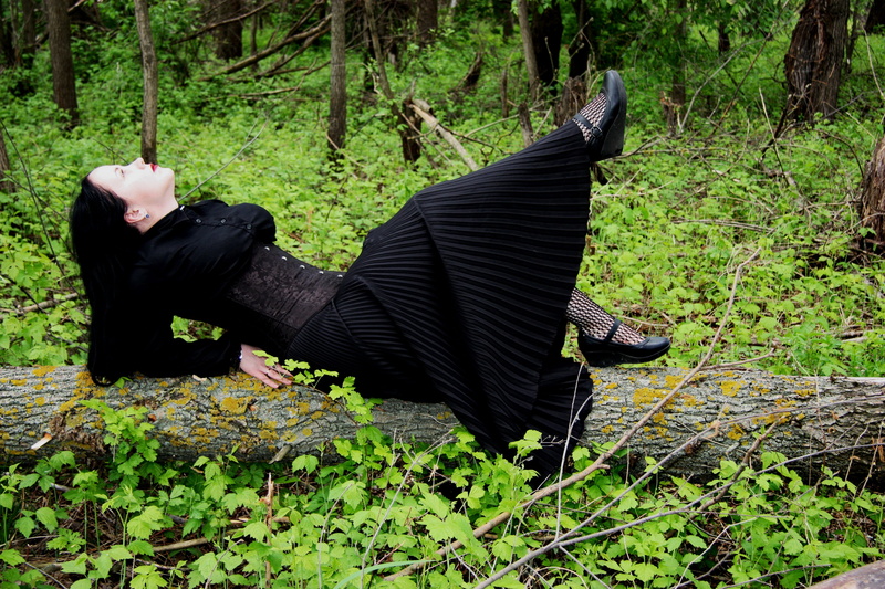 female, one person, long, lady, mysterious, growth, black, dark, sleeved, plant, posing, woman, hair, stock, fantasy, goth, style, outdoor, field, tree