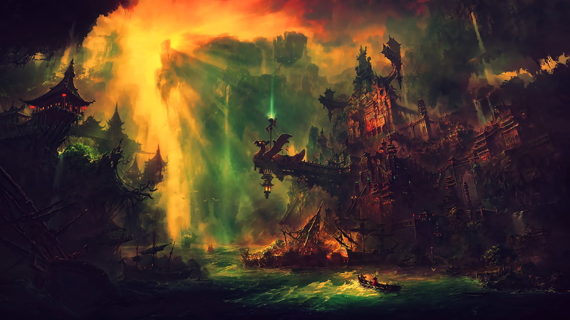 water, painting, land, fire - natural phenomenon, environmental damage, nature, fantasy art, forest, formation, destruction, burning, non-urban scene, plant