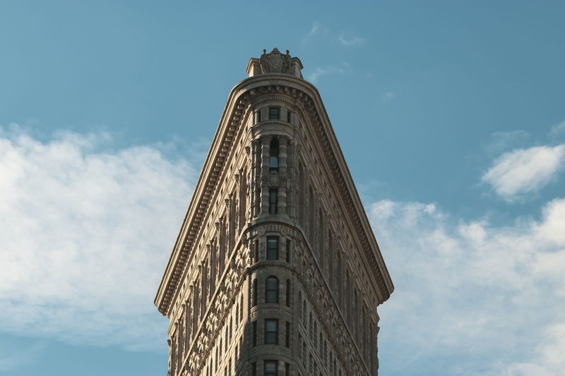 architecture, urban, skyscraper, manhattan, nyc, blue, tower, spire, history, day, flat, religion, Flatiron Building, new york city, low angle view, flatiron