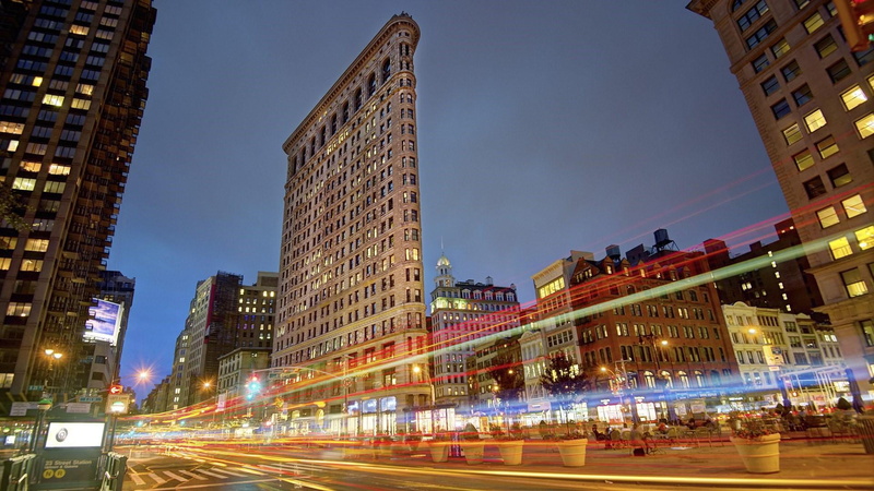 cityscape, built structure, city life, blurred motion, city street, manhattan, 1080P, flatiron building, night, nyc, nature, metropolis, united states