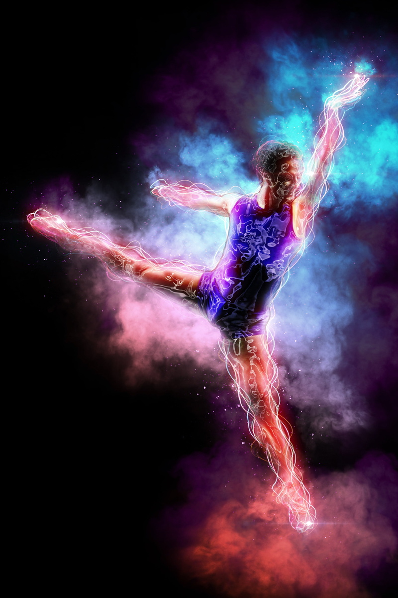 male, active, multi colored, clothing, digital art, night, young adult, one person, dancer, ballet, illustration, full length, classical, graceful, passion