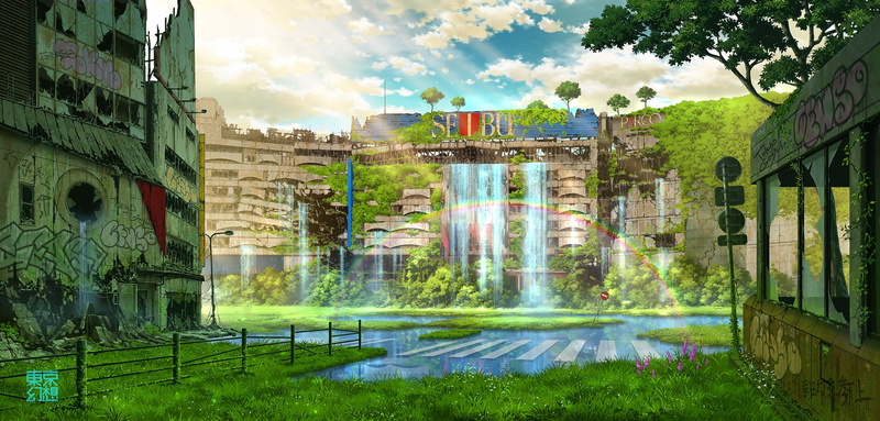 residential district, tree, no people, cloud - sky, destruction, day, Fantasy, nature, architecture, spraying, water, post-apocalypse, waterfall, rainbow