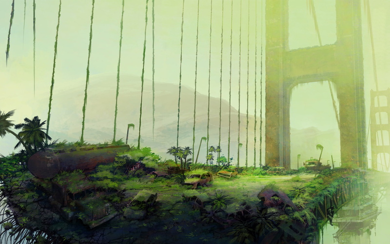 art, post, fantasy, ruins, Bush, bridge, 1080P, apocalypse, apocalyptic
