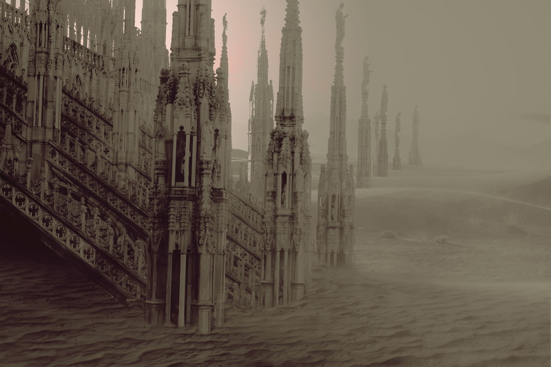 photomontage, building, building exterior, spirituality, tranquil scene, day, fog, fantasy, mystical, place of worship, religion, sky, dessert, land, scene