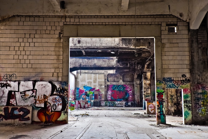 city, messy, room, factory, creativity, architectural column, leave, atmosphere, old building, industrial plant, old factory, broken, mural, destruction