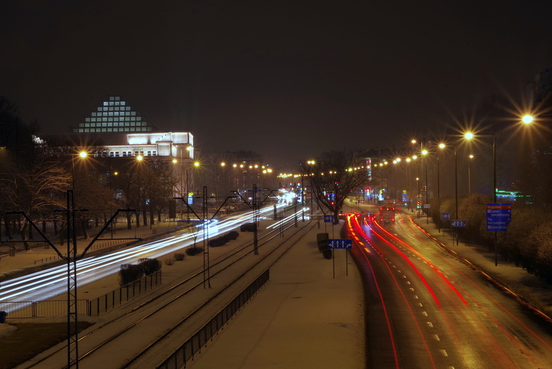 long exposure, mode of transportation, city at night, City, avenues of independence, railroad station, tram, street light, warsaw, city life, winter, nature