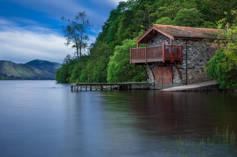 jetty, tree, 1080P, reflection, blue, house, cottage, colorful, home, rest, web, boat house, sea, lake, color, idyllic, nature, balcony, scenics - nature