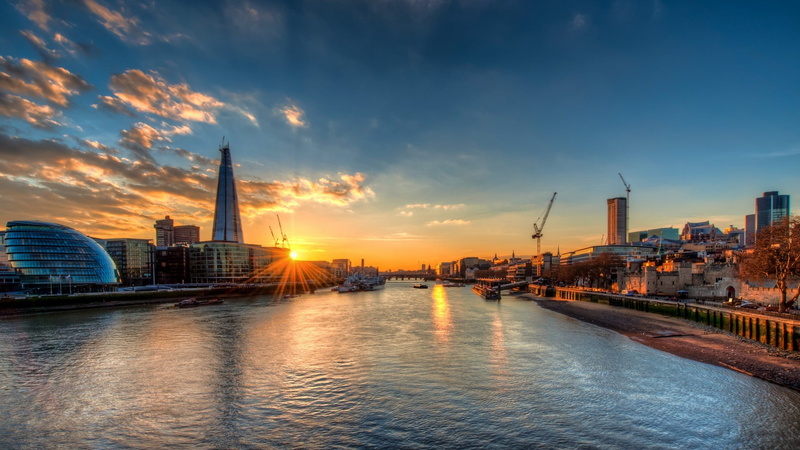 bridge - man made structure, building exterior, modern, waterfront, HDR, high, built structure, London, office building exterior, tall - high, near, no people