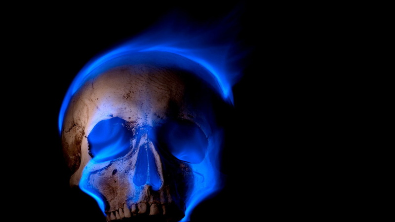 black background, Gothic, teeth, 1080P, digital art, blue flames, fire, skull, burning, spooky, death