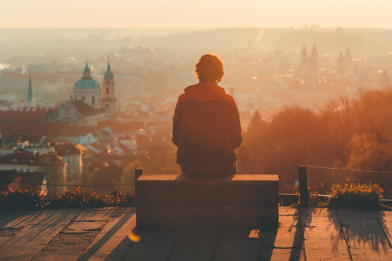 rear view, prague, outdoors, sunlight, lifestyles, standing, cityscape, famous Place, sunset, fog, architecture, 2K, nature, person, man, sunrise, city