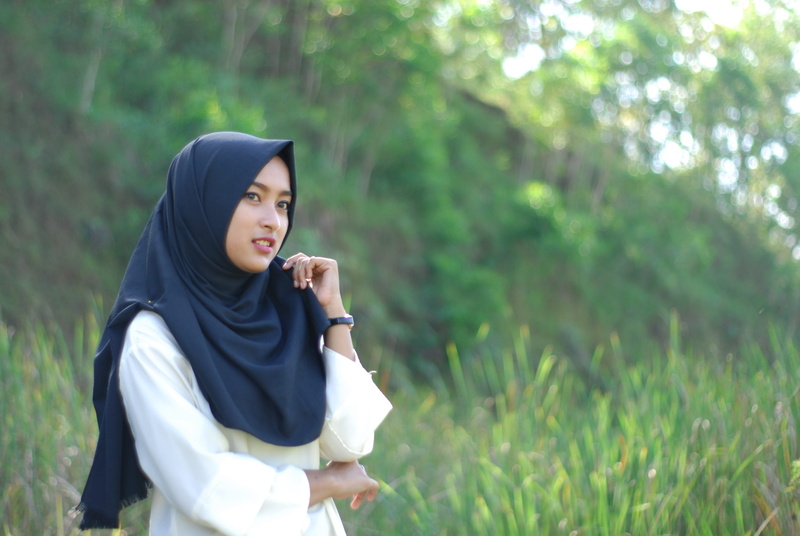 forest, one person, traditional clothing, wireless technology, nature, tree, grass, woman, muslim, daytime, indonesia, hooded shirt, looking, islam, mobile phone