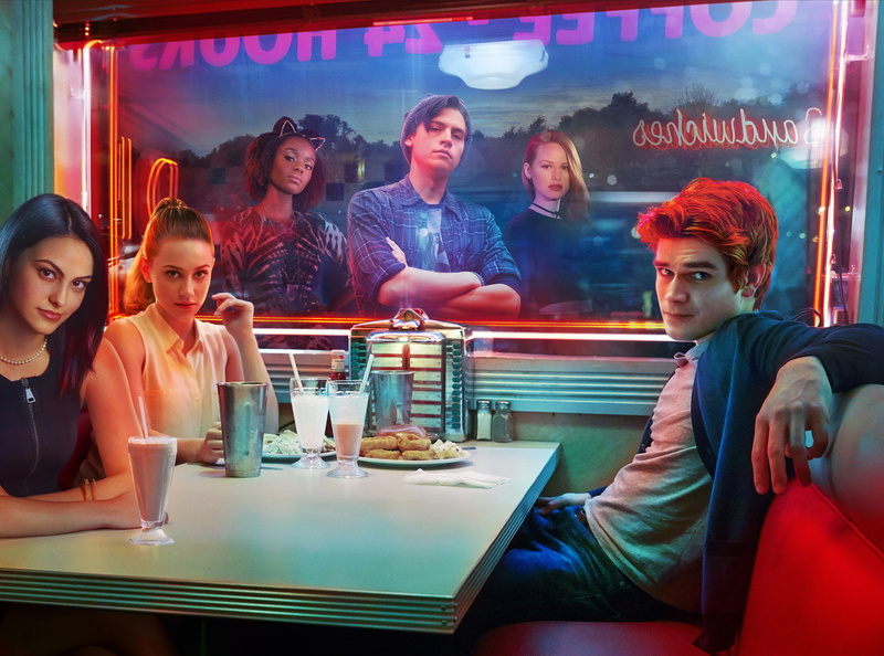 girls, graphic, Madelaine Petsch, Ashleigh Murray, 2K, boy, Riverdale, K.J. Apa, Lili Reinhart, Cole Sprouse, front, two, table, Camila Mendes