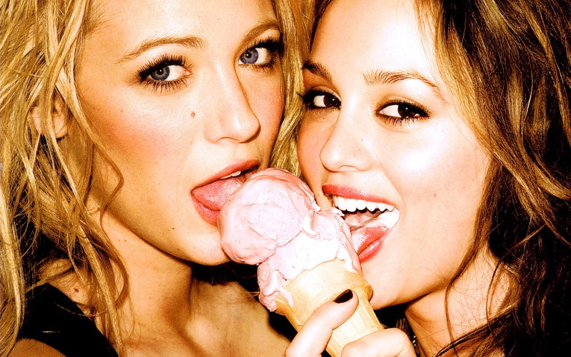 eyes, Gossip Girl, 1080P, Blake Lively, tongues, ice cream, innuendo, Leighton Meester, licking, looking at viewer, women, face, sensual gaze, lips