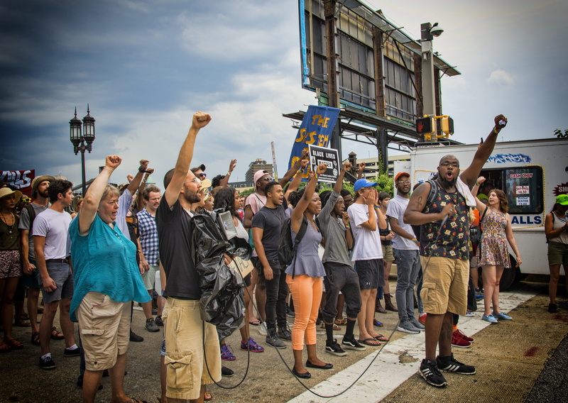 city, group of people, protest, adult, arms raised, air, standing, penn station, raising, protestors, crowd, black lives matter, sign, 4K, casual clothing