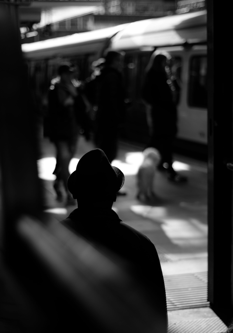 city, train, adult, transport, standing, creepy, transportation, photo, public transportation, grayscale, spy, solitude, greyscale, mode of transportation
