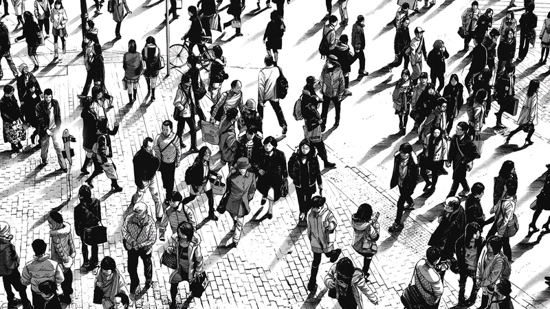 manga, 1080P, group of people, walking, monochrome
