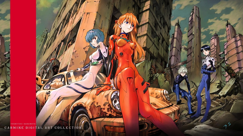 blue, Ikari Shinji, car, ruin, 1080P, Asuka Langley Soryu, female, no people, livestock, carousel, anime, women with cars, two, Neon Genesis Evangelion