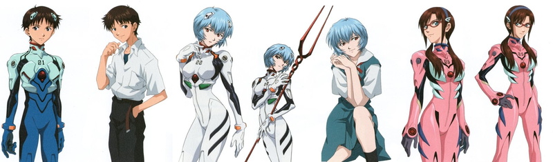 Mari Makinami Illustrious, young adult, men, cut out, indoors, group of people, fashion, panoramic, people, standing, Shinji Ikari, studio shot, young men
