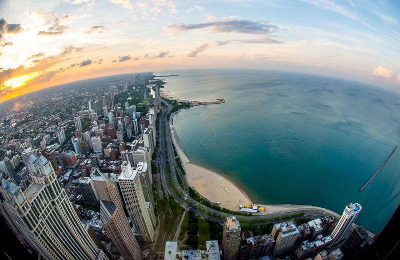 Gold Coast, buildings, city, twisty, rise, winds, 1080P, john hancock tower, lake michigan, Chicago, Lake shore drive, HD, aerial, Sunset, view, high
