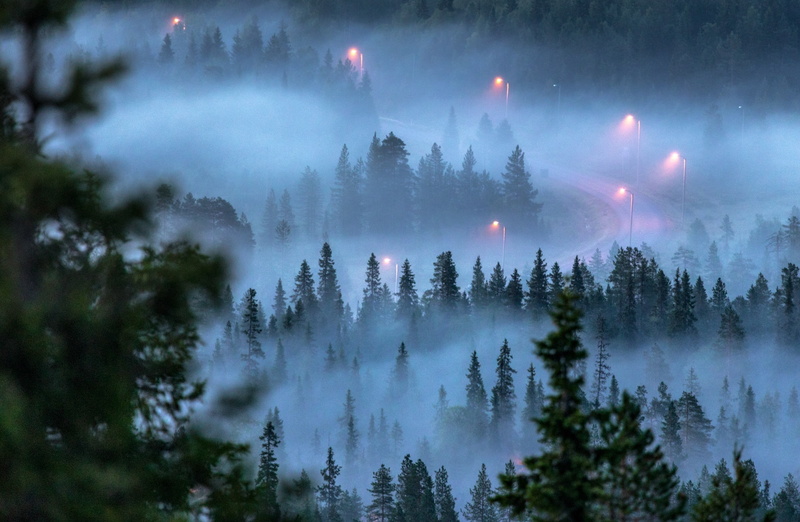 Landscape, Mist, Forests, coniferous, twisty, Woods, 1080P, Lights, Winding, fog, Mysterious, Forest, Nature, Road, Finland, mountain, Haze