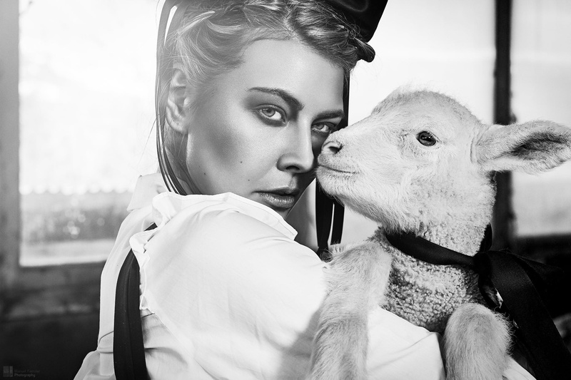 1080P, girl, lamb, face, monochrome, Angela Hasler, black and white, look, sheep