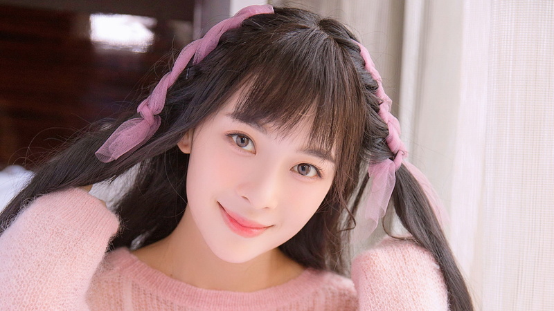 model, brunette, looking at viewer, smiling, hands in hair, women, 1080P, long hair, pink sweater, Asian, photography, hairband