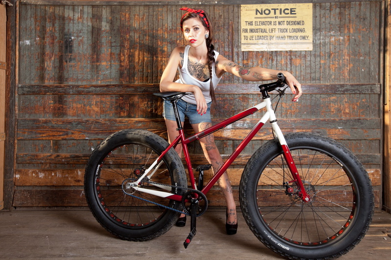 red lipstick, women, 1080P, women with bicycles, jean shorts, model, tank top, brunette, tattoo, hairband, braids