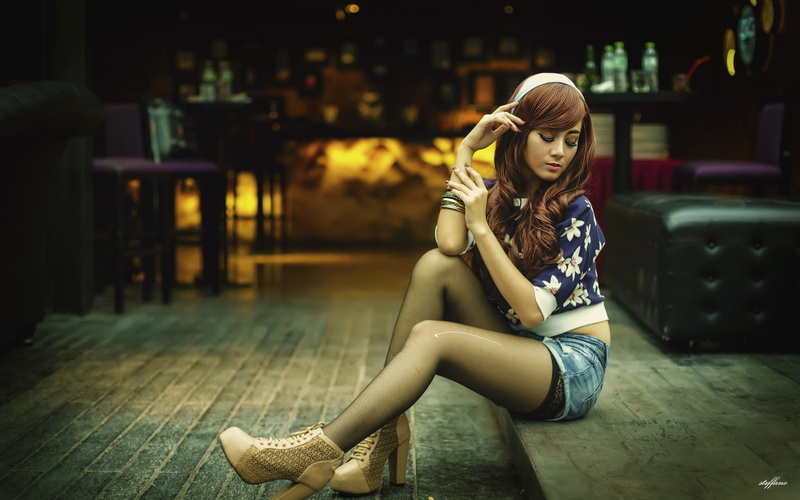 young women, chair, indoors, focus on foreground, closed eyes, full length, beauty, hairstyle, Asian, beautiful woman, hairband, contemplation, teenager
