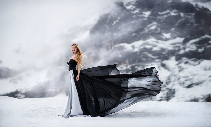 1080P, Miki Macovei, hairband, dress, black clothing, long hair, Venkara Capris, blonde, mountains, wavy hair, winter, snow, women