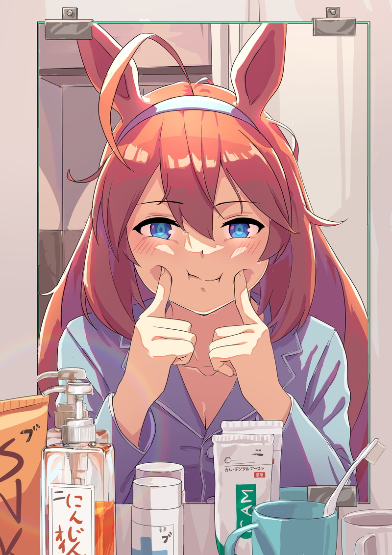 pyjamas, anime, blushing, arms up, anime girls, 2D, vertical, women in bathroom, artwork, cleavage, horse girls, bangs, reflection, solo, brunette, long hair