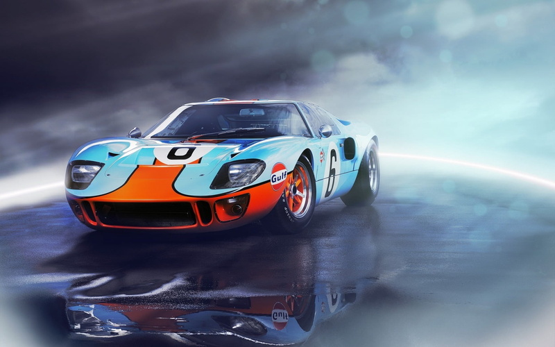 montmelo , 720P, engine, racecar, sports, three dimensional, shiny, outdoors, front view, reflection, blue, land Vehicle, sports Venue, gt40, people, piano Tuner