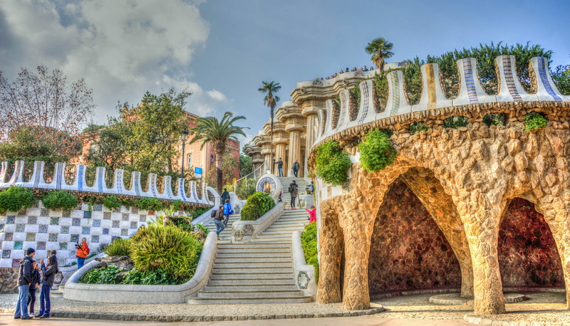 staircase, outdoor, park, walking, ceramic, outdoors, museum, structures, day, incidental people, guell park, travel, city, catalonia, nature, sky, built structure
